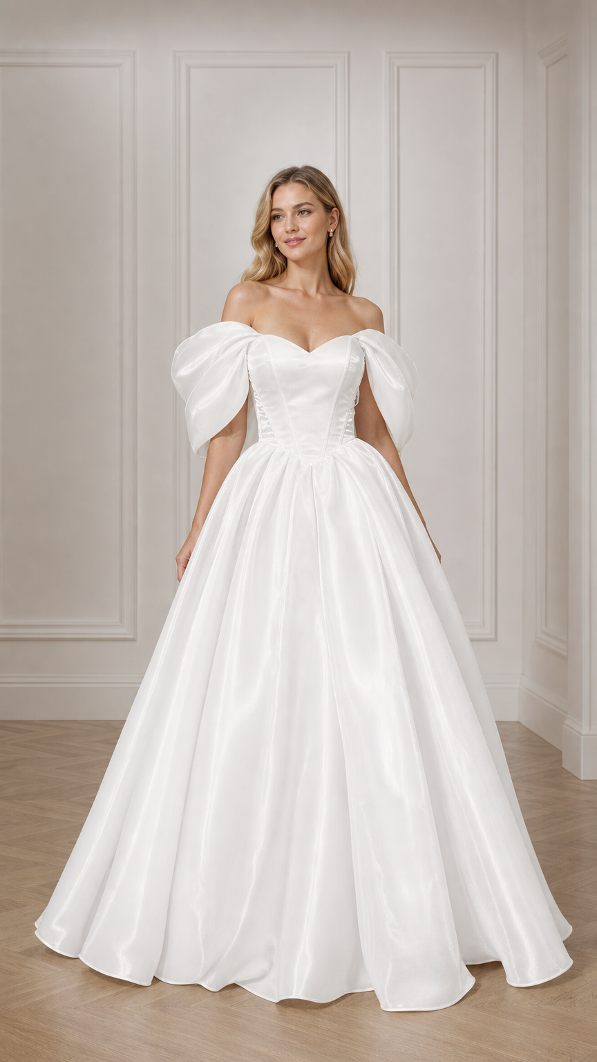 Front view of woman wearing white off-the-shoulder puff sleeve satin ball gown