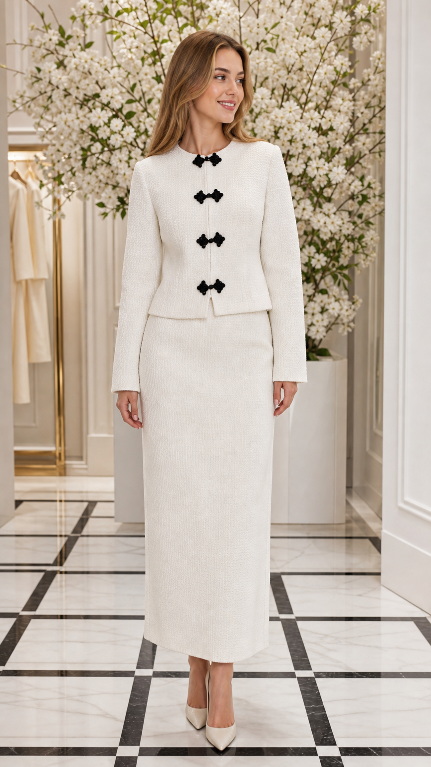 Front full view of woman wearing Ivory White textured collarless jacket and maxi skirt set