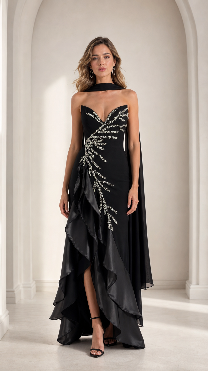 Black strapless beaded evening gown with ruffled slit skirt and neck scarf cape front view