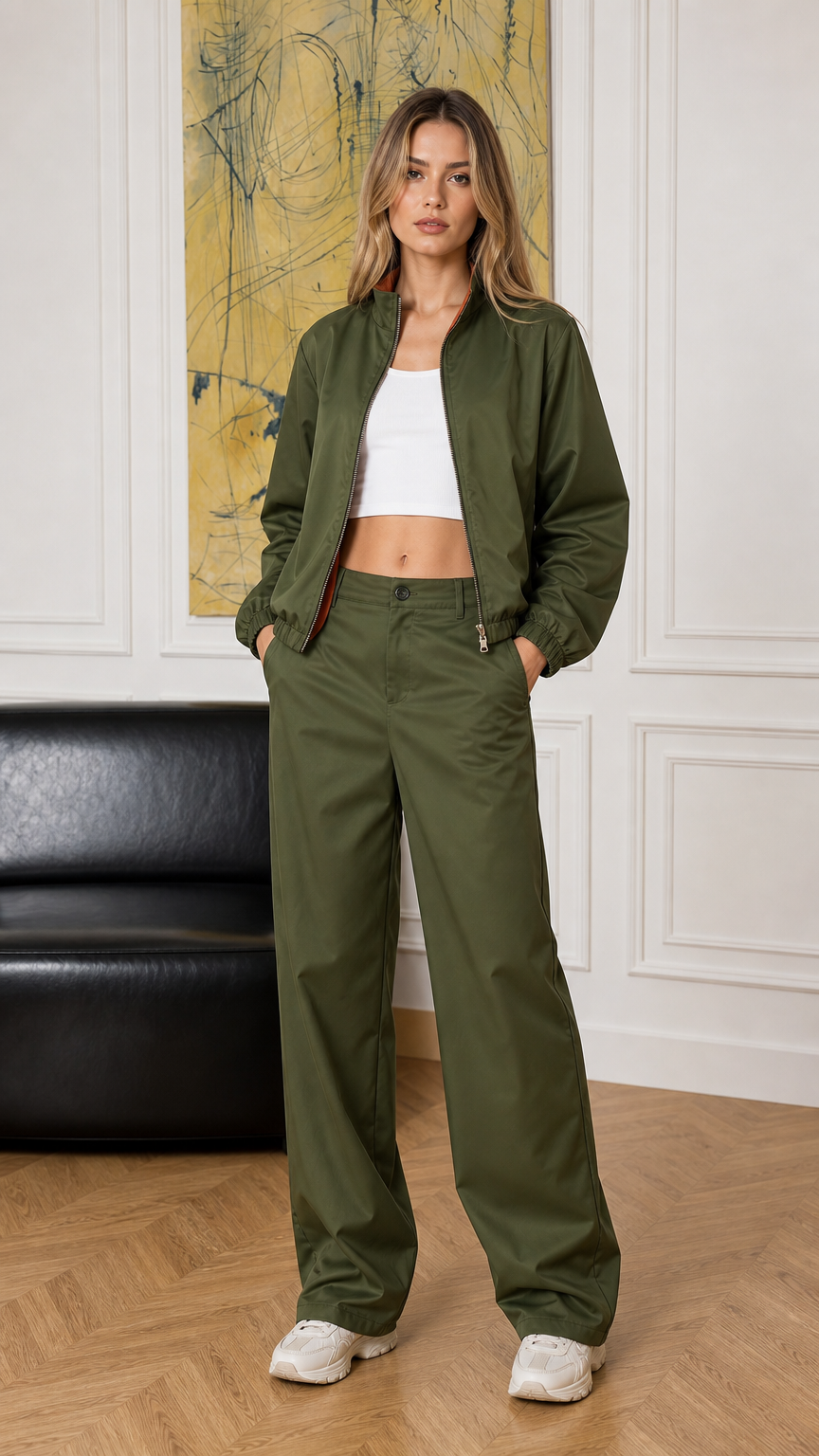 Full-body front view of woman wearing olive green bomber jacket and wide-leg pants set