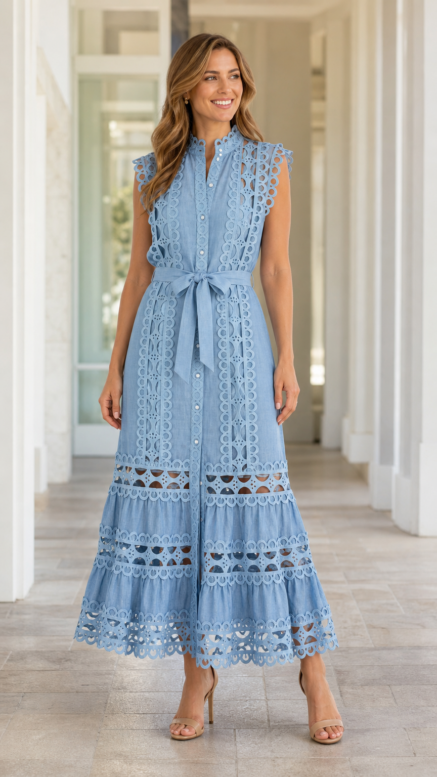 Front view of model wearing Light Blue eyelet lace midi dress