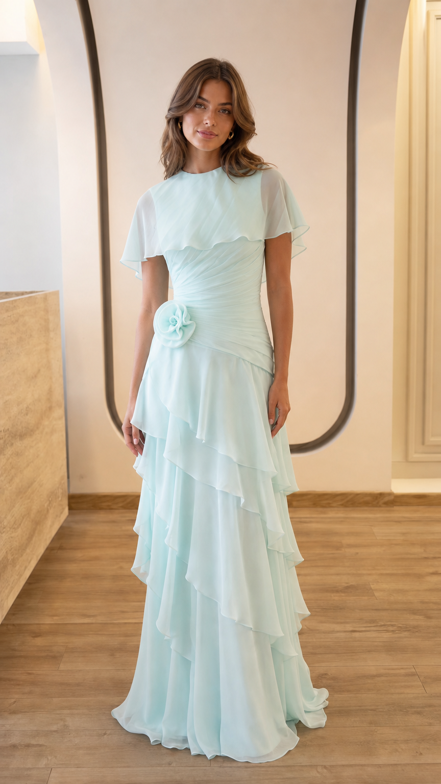 Front view of light blue chiffon capelet ruffled maxi dress