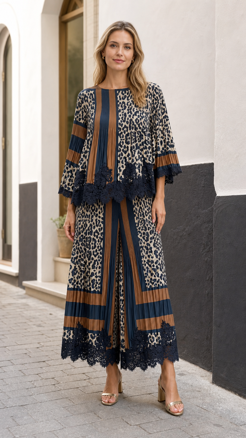 Full front view of model wearing the navy blue and caramel pleated leopard print two-piece set with lace trim