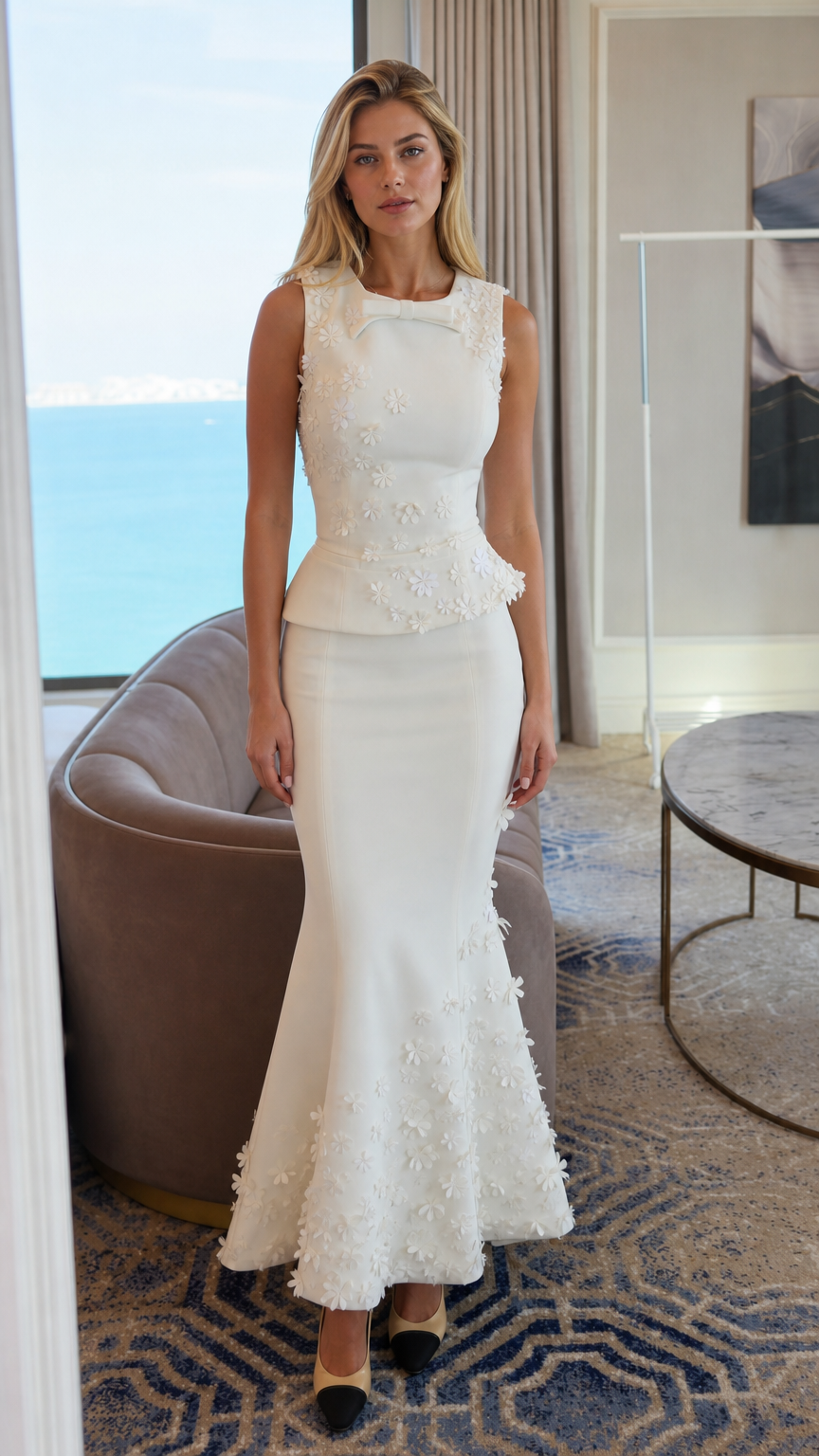 Front view of white 3D floral peplum mermaid maxi dress