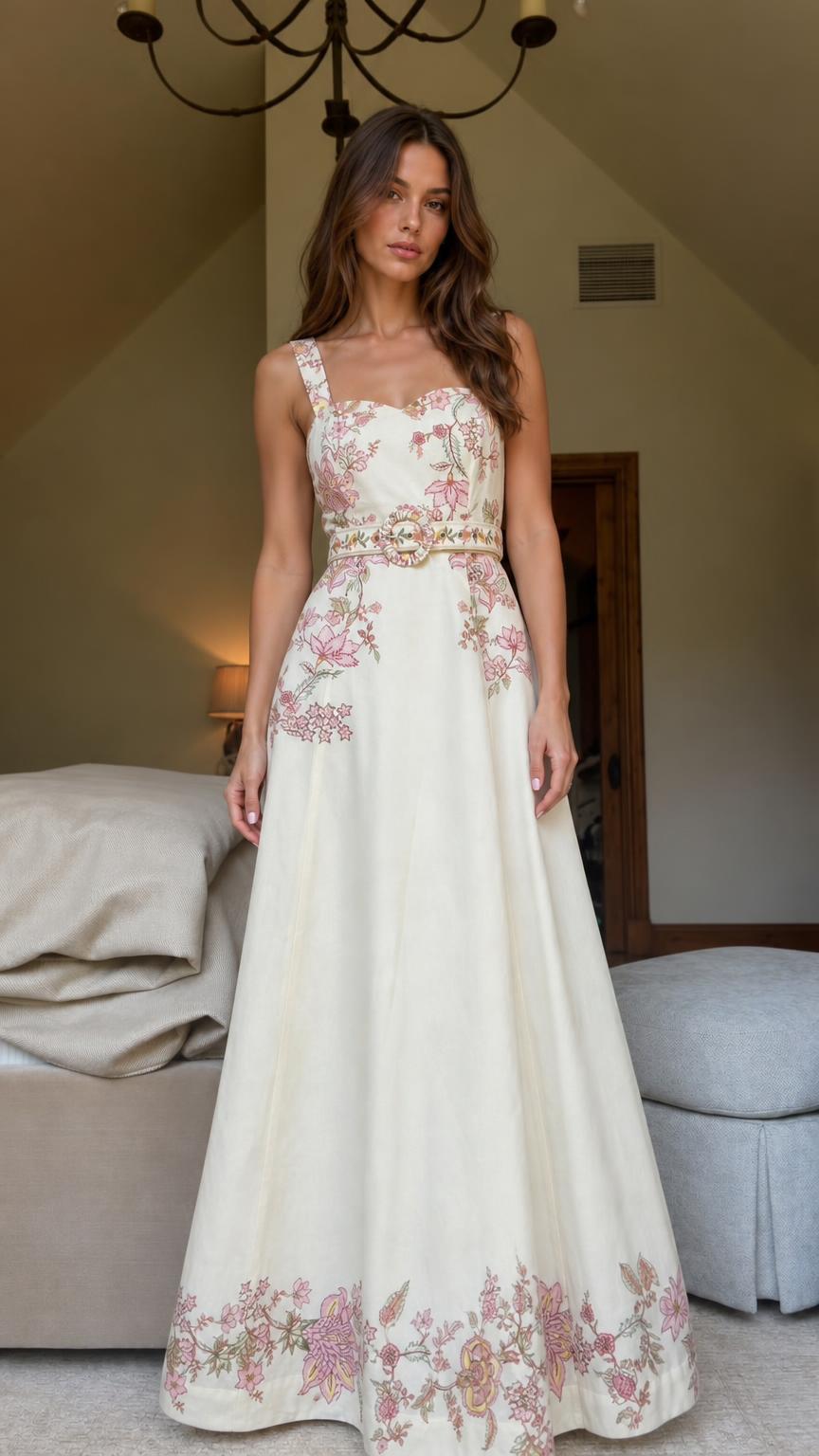 Front view of cream floral embroidered sleeveless maxi dress