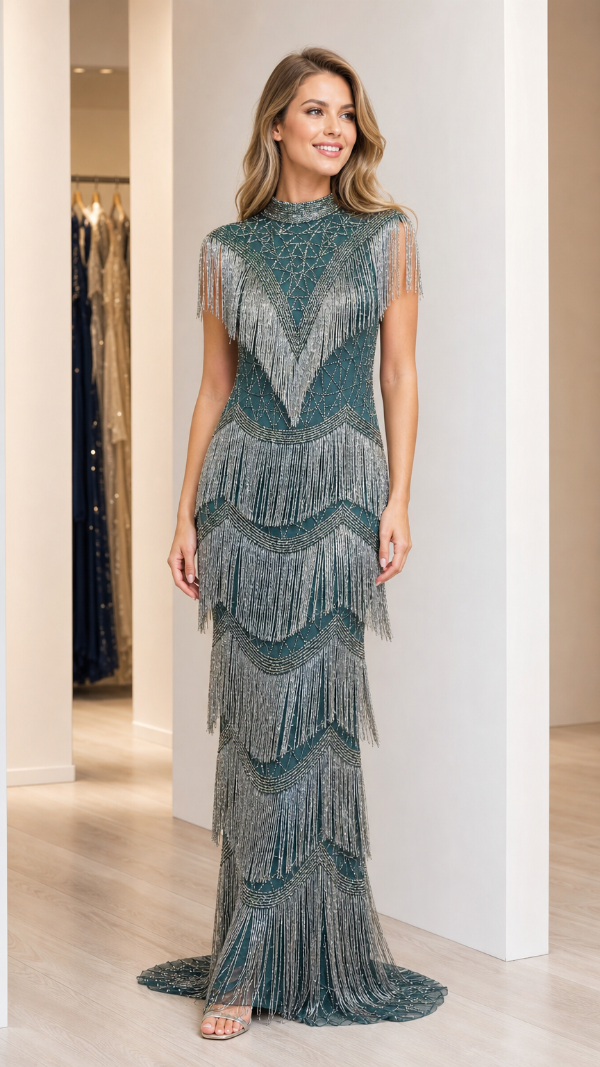 Front view of model wearing emerald green beaded fringe high neck evening gown