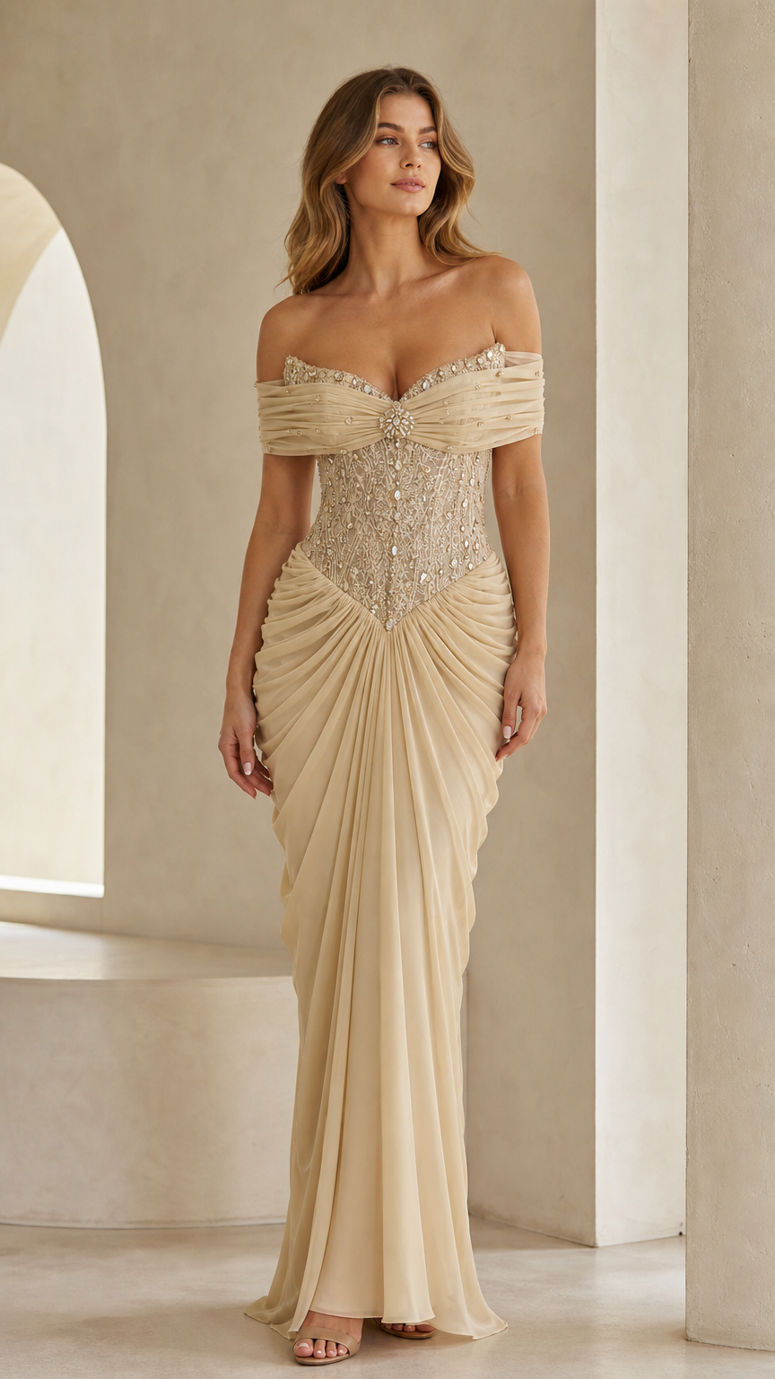 Full front view of champagne off-the-shoulder beaded corset evening gown
