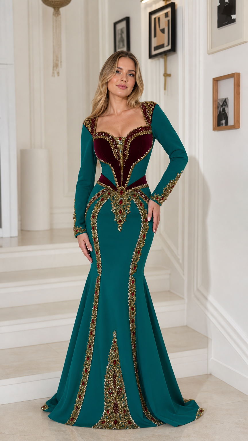 Full front view of teal long sleeve embroidered mermaid evening gown