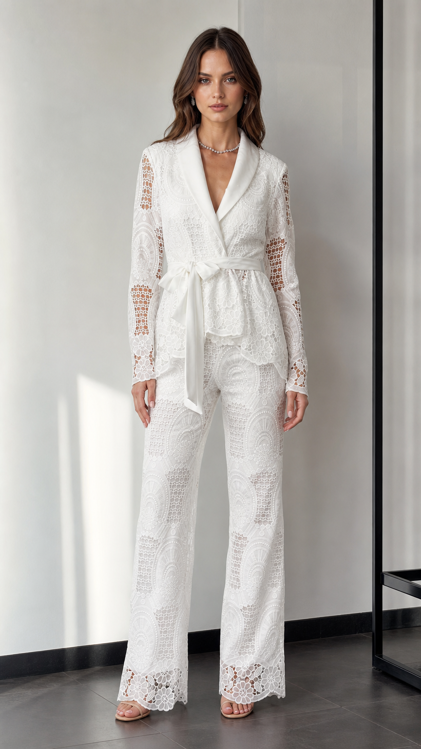 Front view of woman wearing white lace blazer and wide-leg pants set