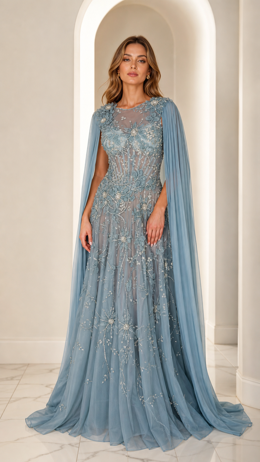 Dusty blue floral beaded evening gown with draped cape sleeves front view