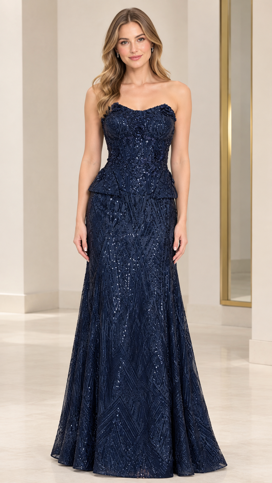 Navy Blue strapless floral sequin peplum mermaid evening gown front view
