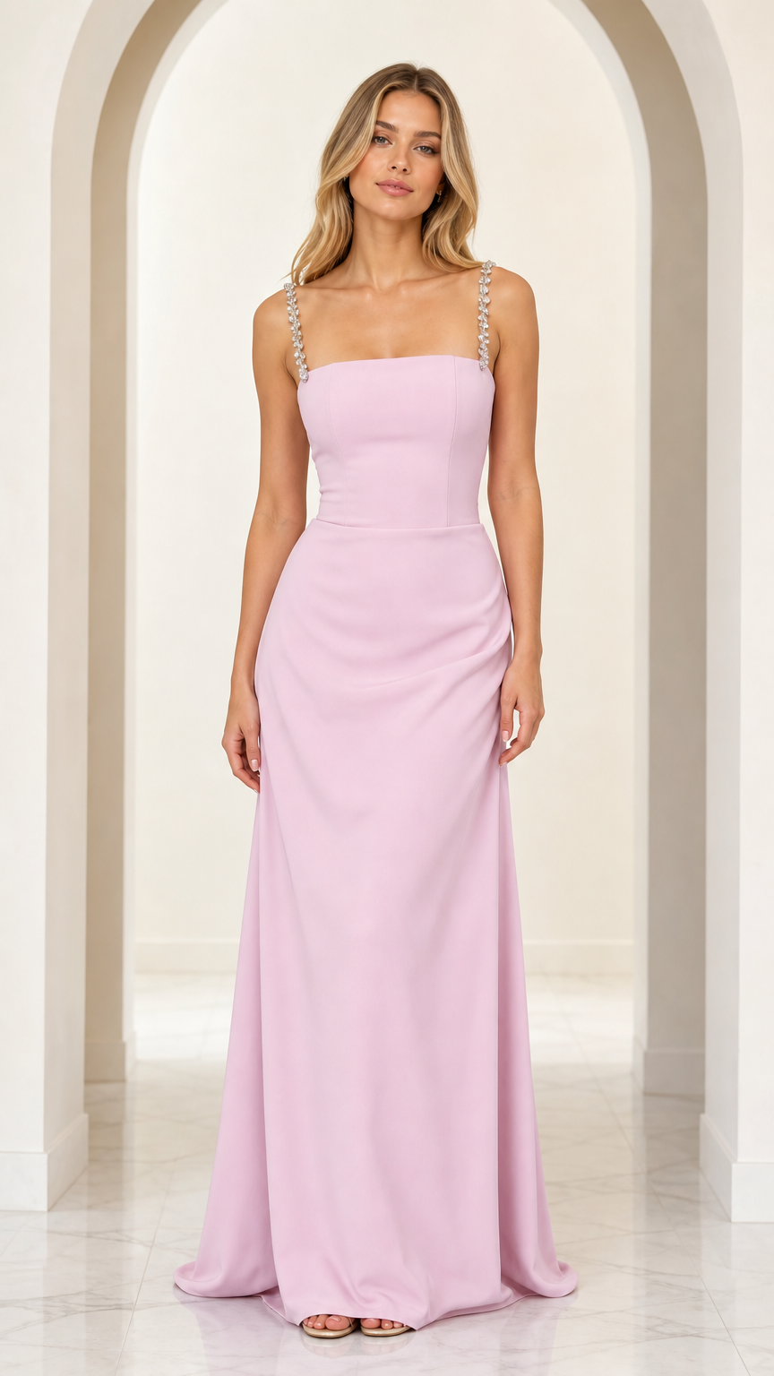 Front full view of lavender square neck maxi gown with rhinestone straps