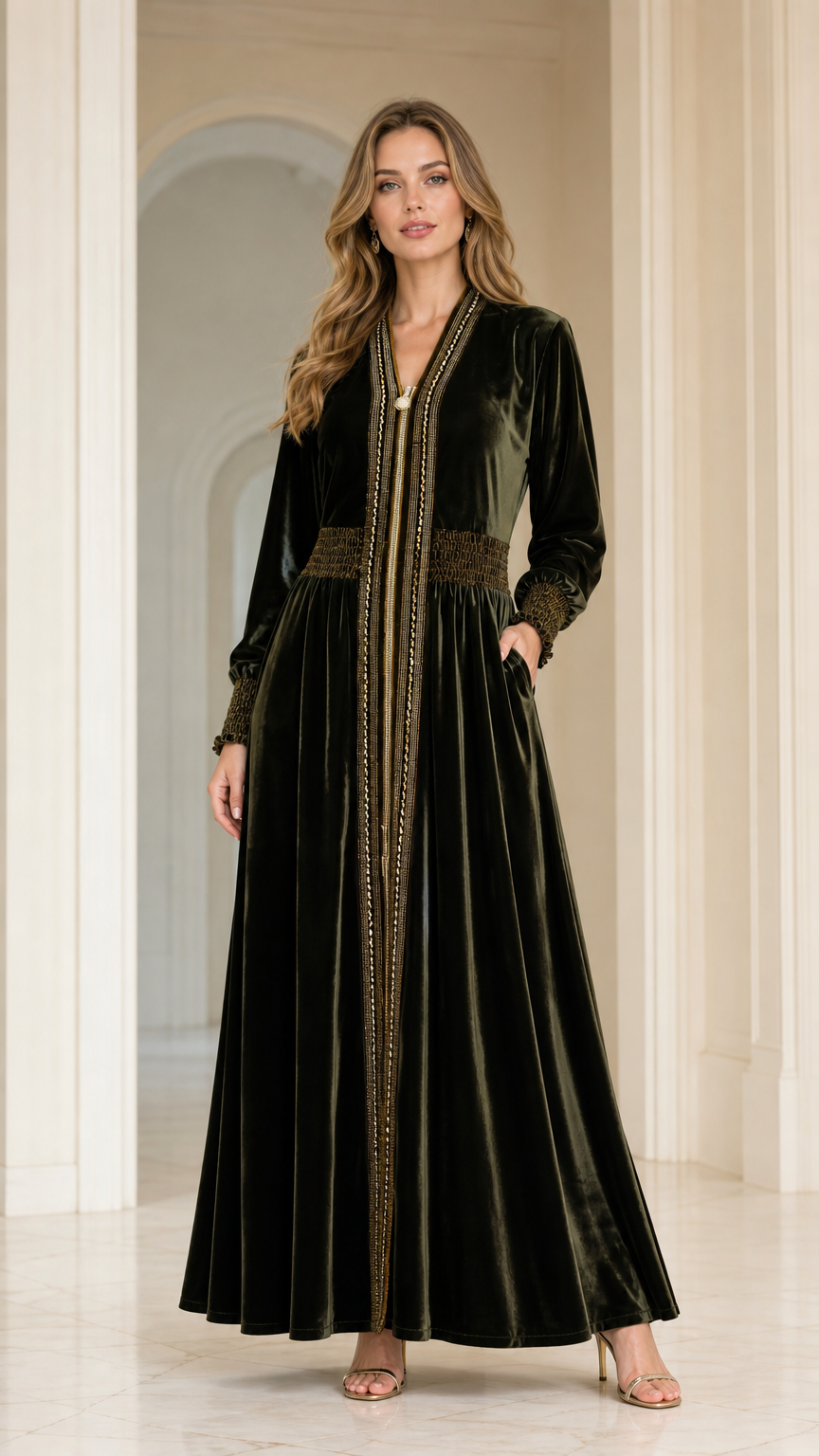 Full front view of model wearing Dark Green velvet embroidered maxi kaftan dress