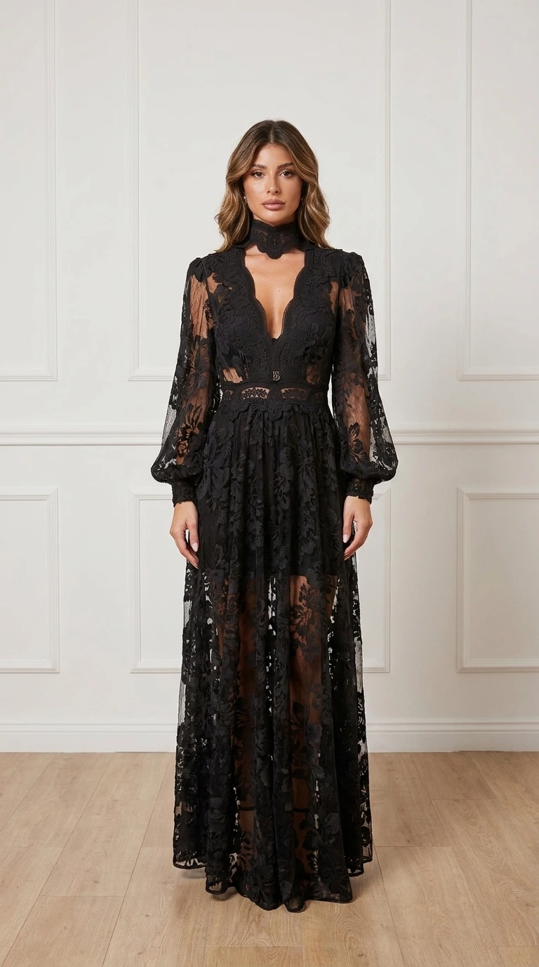 Front view of black sheer lace maxi dress