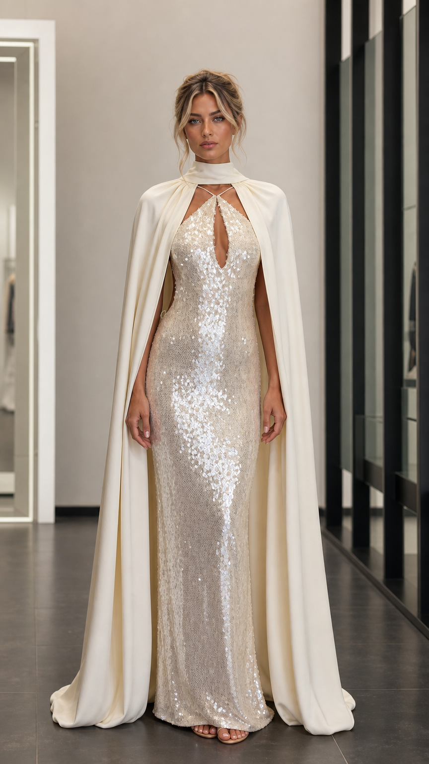 Front view of model wearing champagne sequin evening dress with attached cape