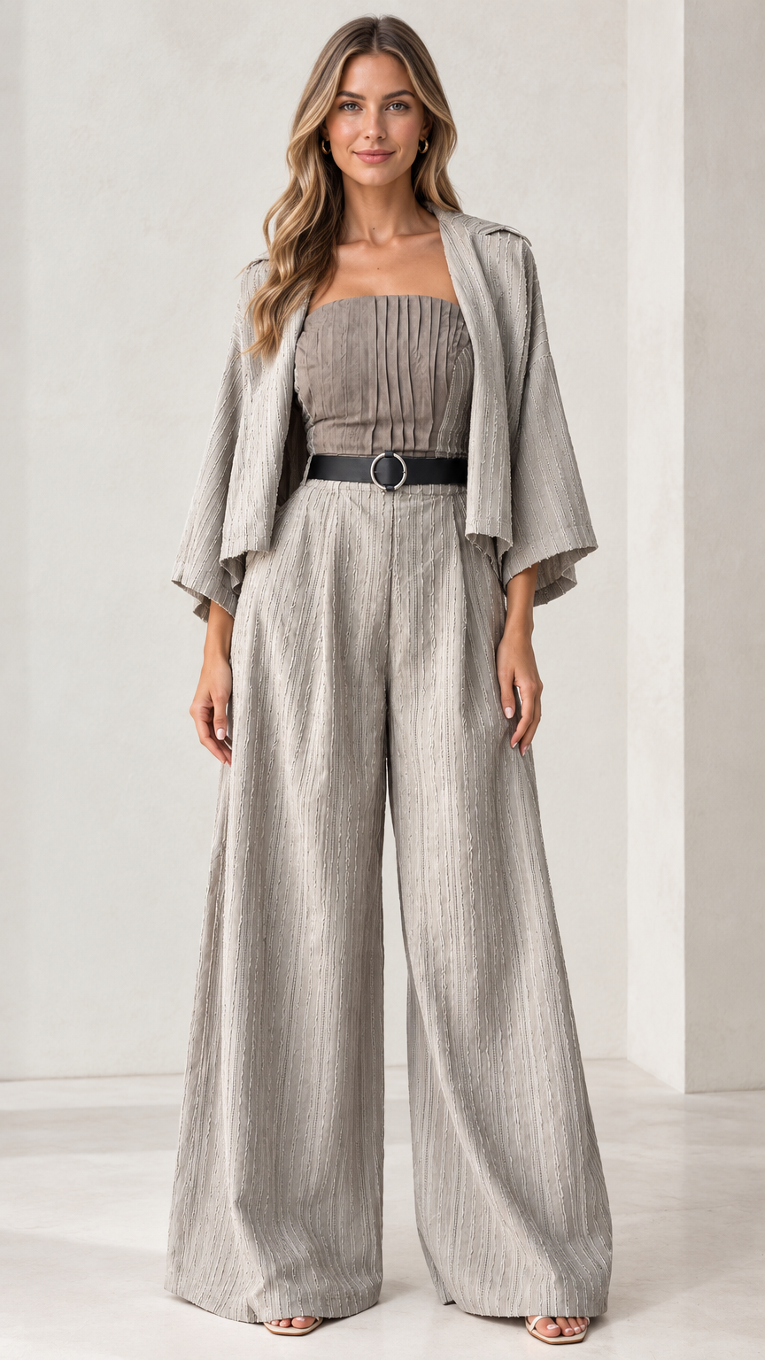 Front full-length view of woman wearing light grey pleated bandeau wide-leg jumpsuit with matching jacket and belt