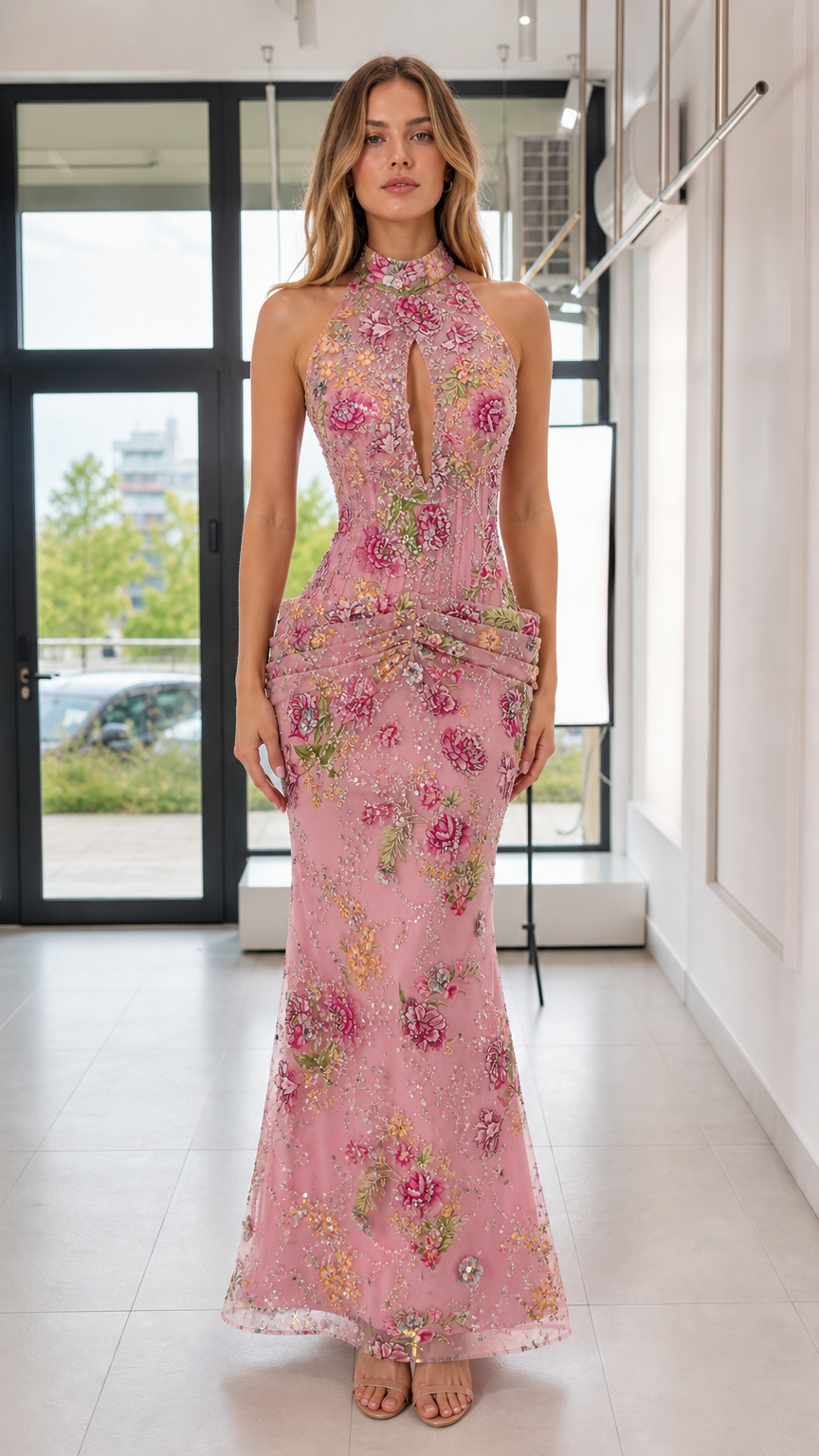Front view of model wearing pink floral sequin halter evening dress