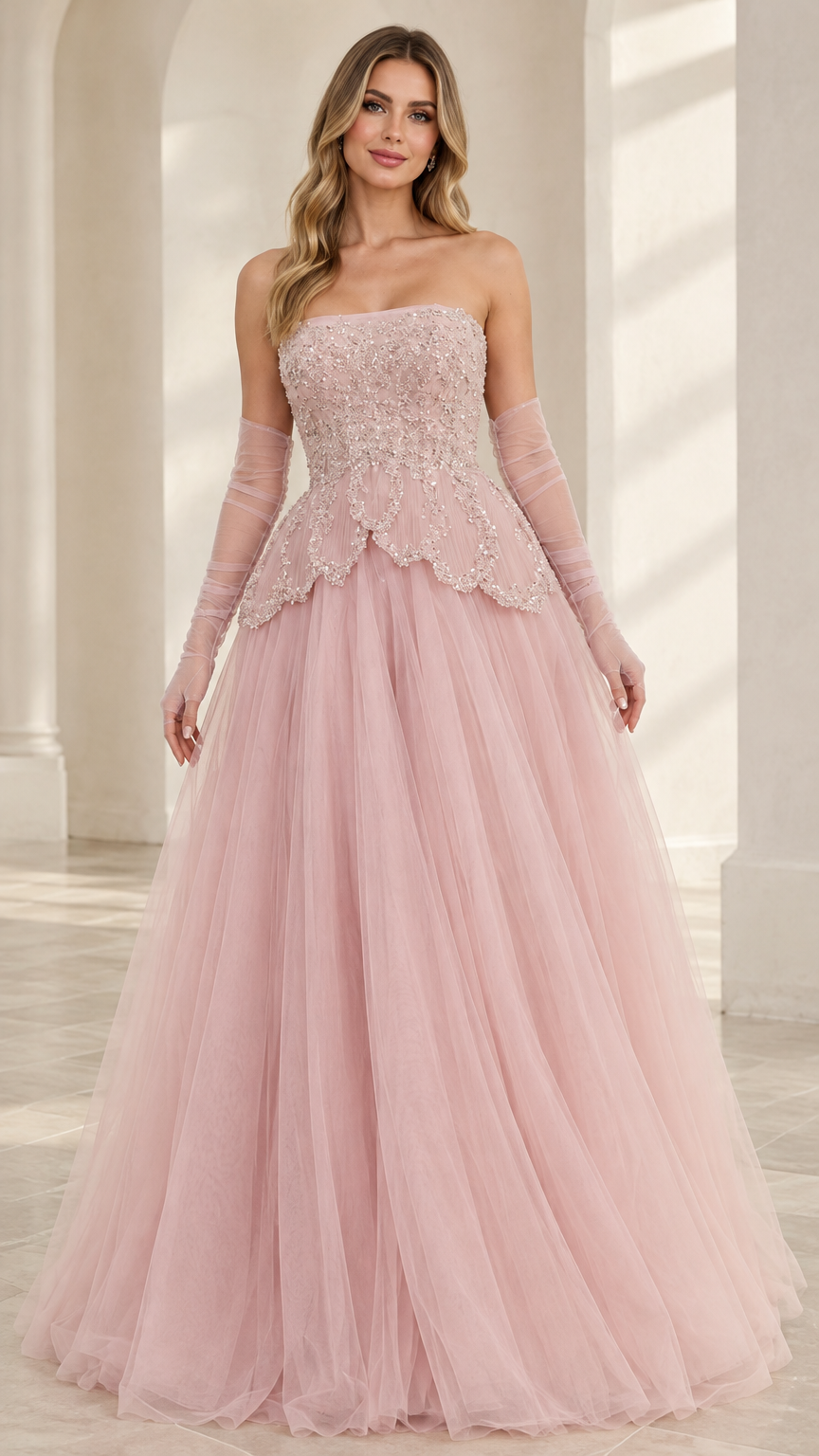 Front view of model wearing Blush Pink strapless beaded tulle ball gown with matching sheer gloves
