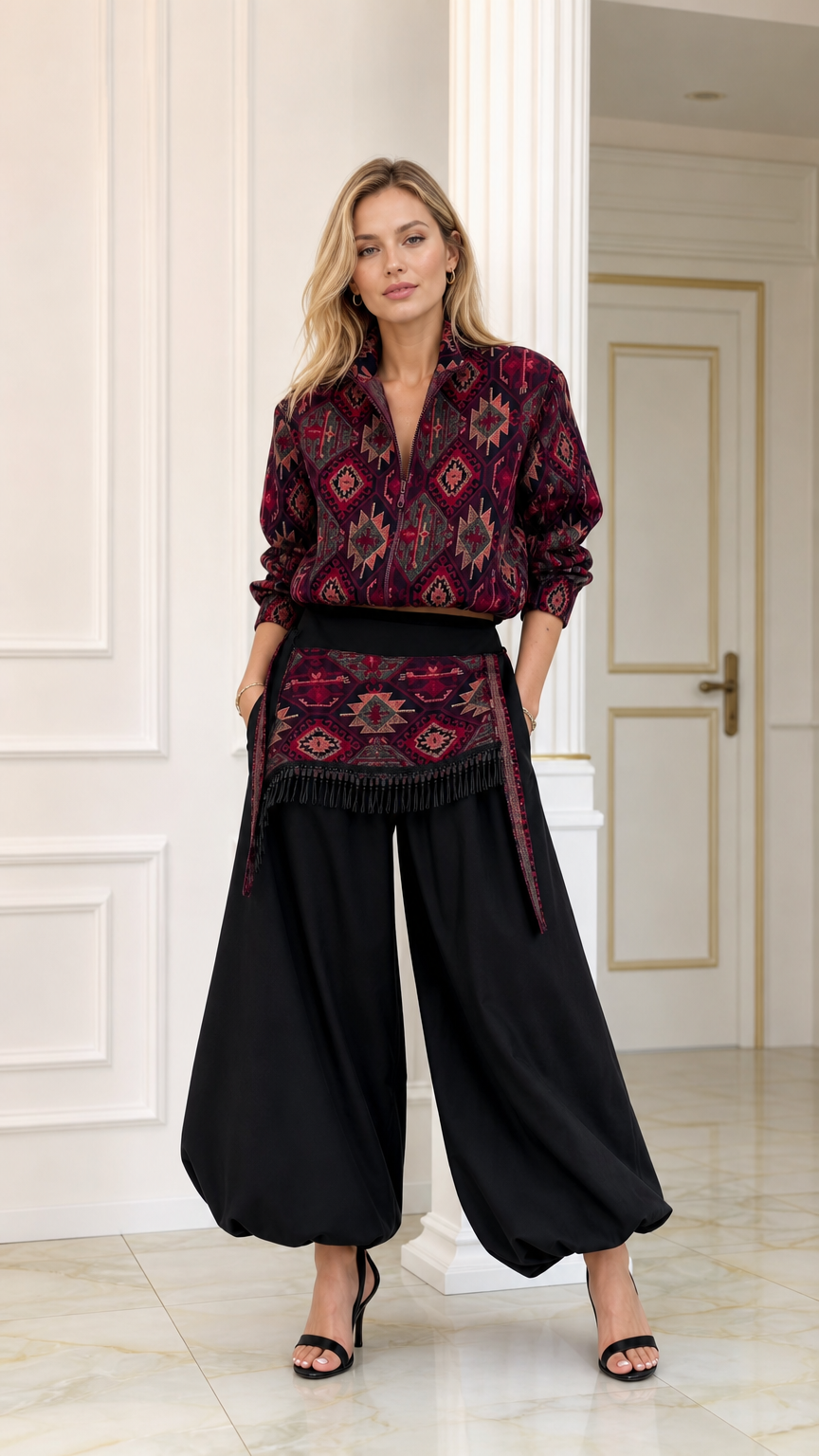 Front full view of woman wearing burgundy geometric print blouse and black balloon pants set