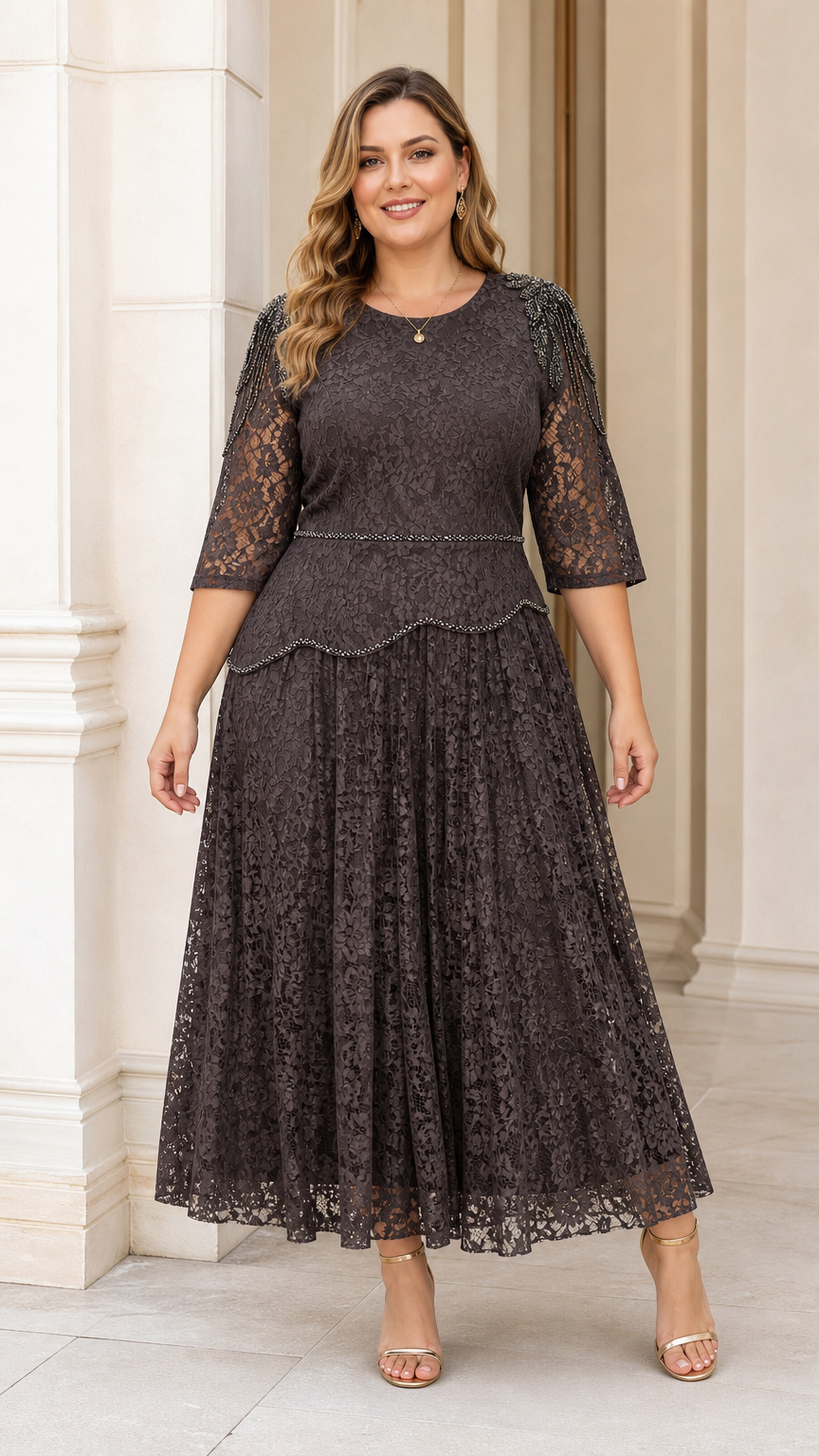 Front view of plus size model wearing dark charcoal beaded lace midi dress