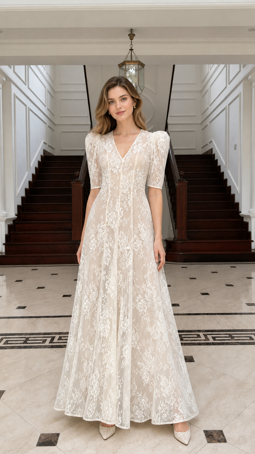 Front view of Champagne lace maxi dress on model
