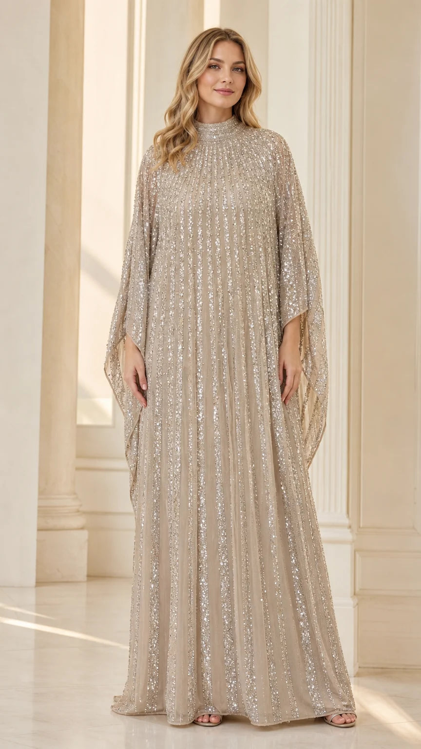 Champagne sequin pleated high-neck cape kaftan maxi gown front view
