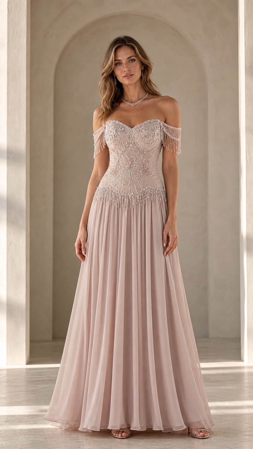 Front view of model wearing blush pink off-the-shoulder beaded chiffon evening gown