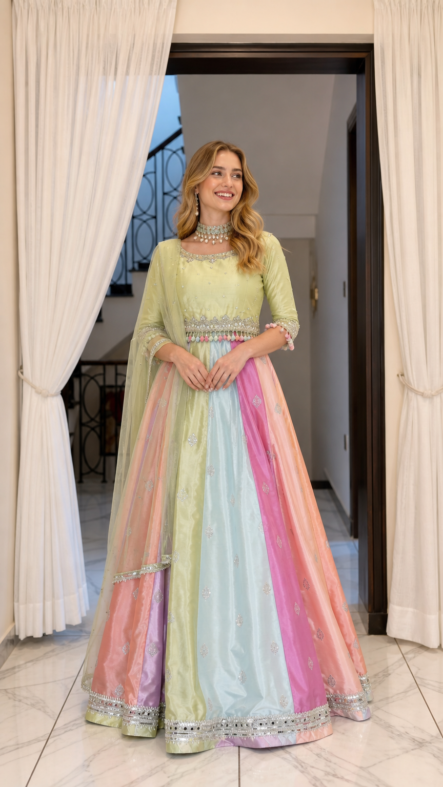 Front full-length view of model wearing pastel multicolor panel embroidered Anarkali gown with matching dupatta