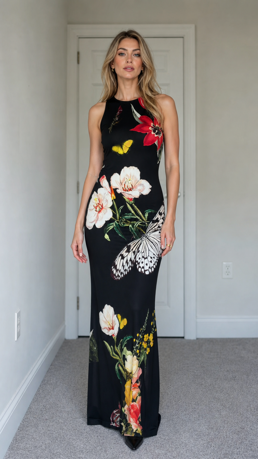 Model wearing black floral butterfly print sleeveless maxi dress from the front