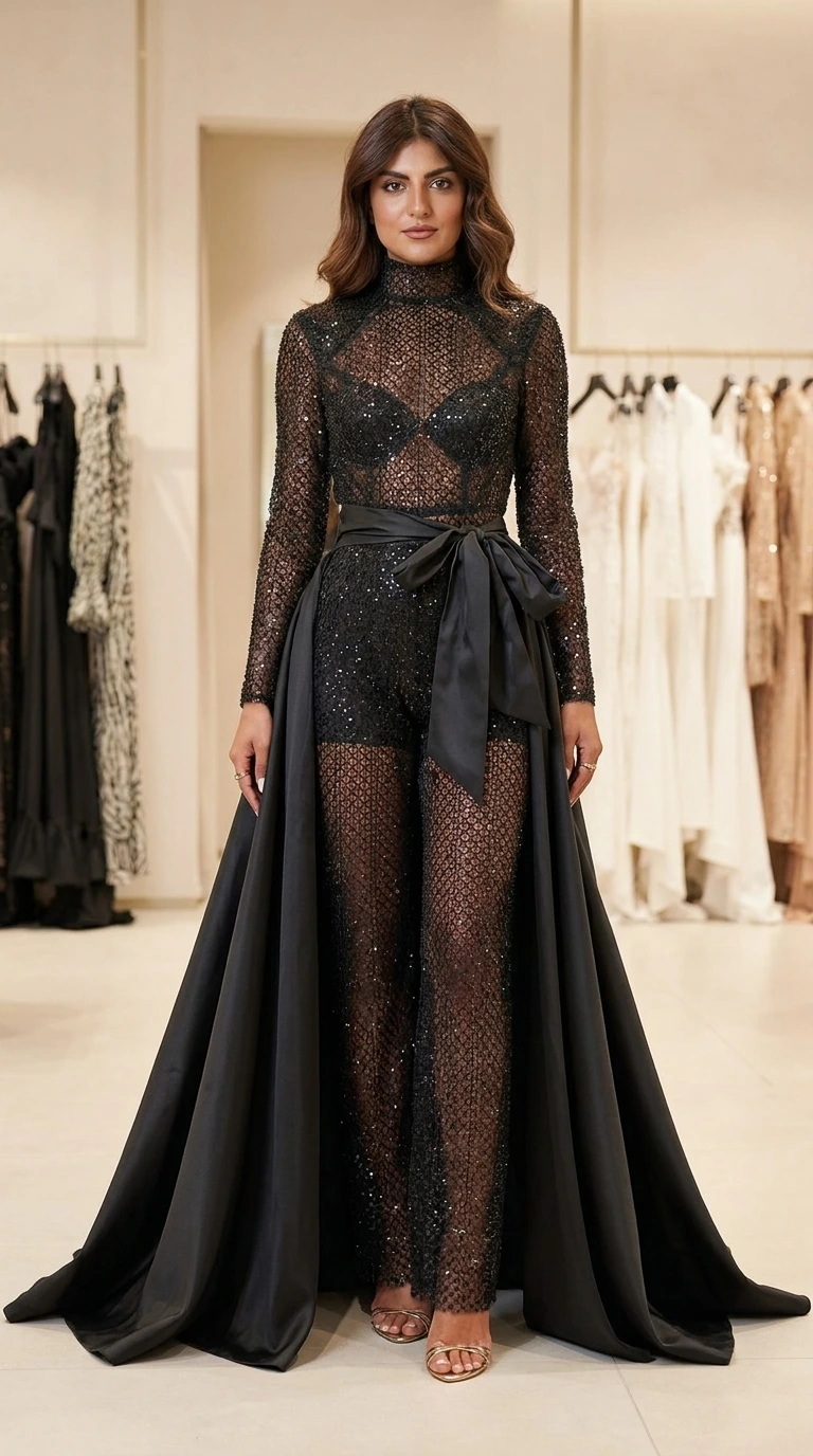 Front view of black sequin mesh jumpsuit with detachable overskirt and bow