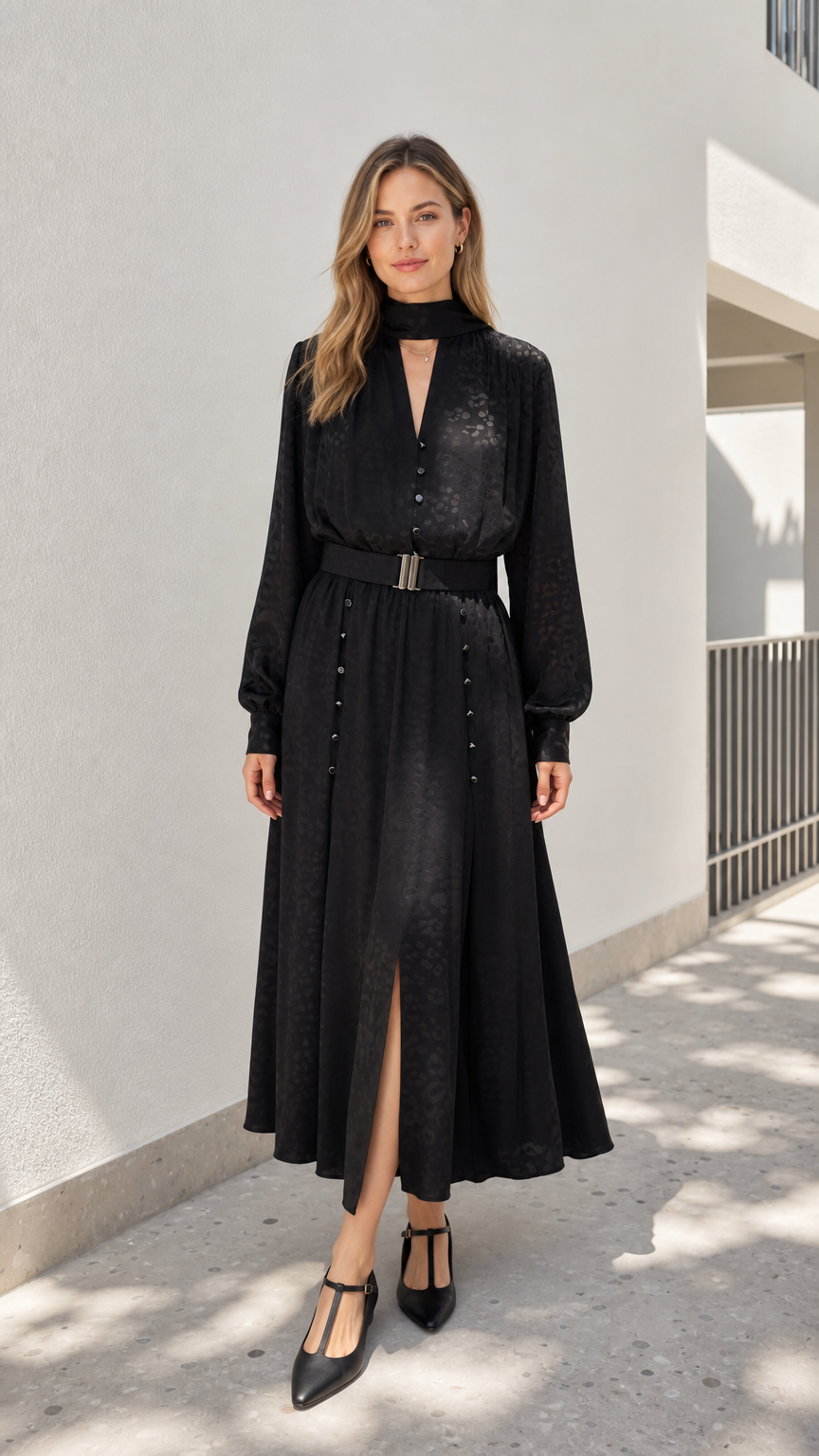 Model wearing black mock neck belted midi dress from the front