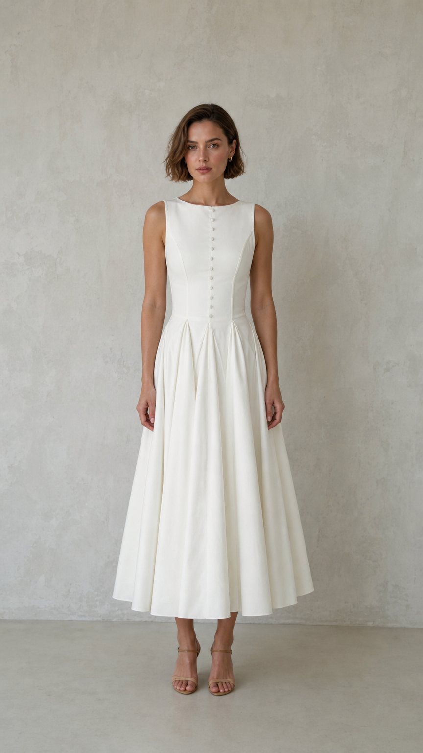 Front view of woman wearing white sleeveless pleated midi dress