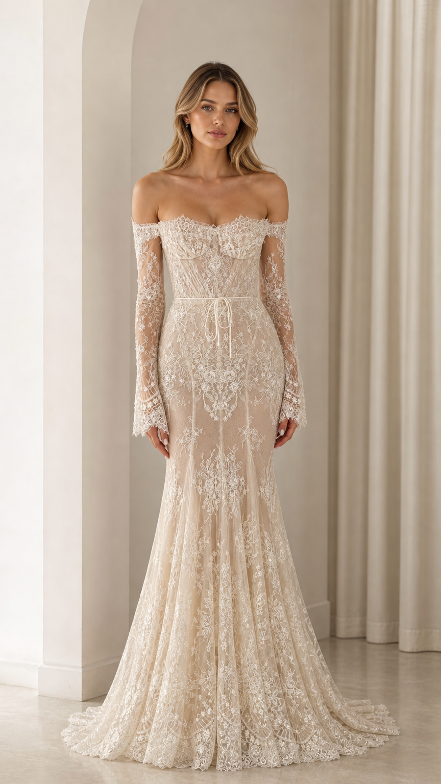 Front view of Ivory long sleeve off-the-shoulder embroidered lace mermaid gown