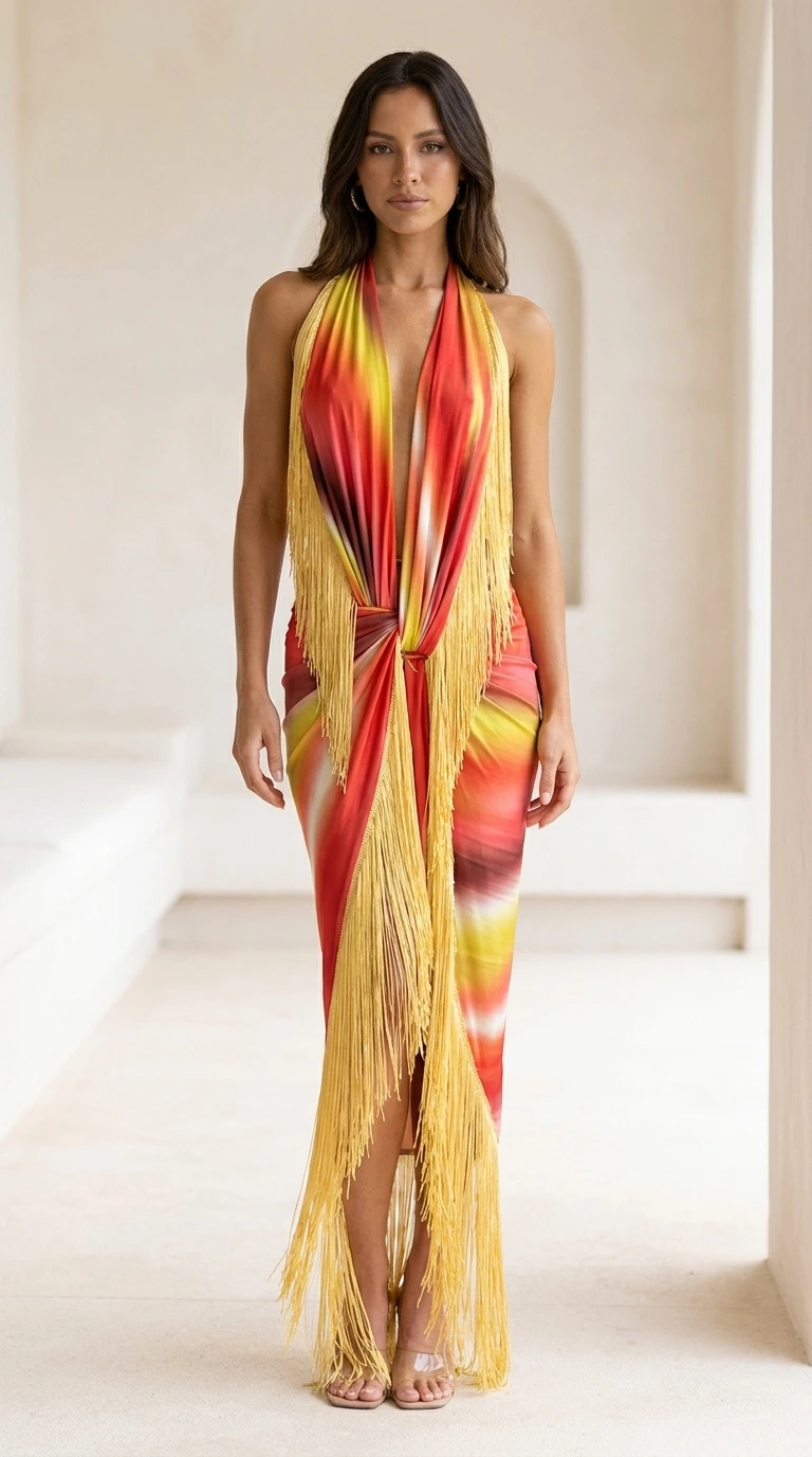 Front view of model wearing red gradient halter maxi dress with yellow fringe