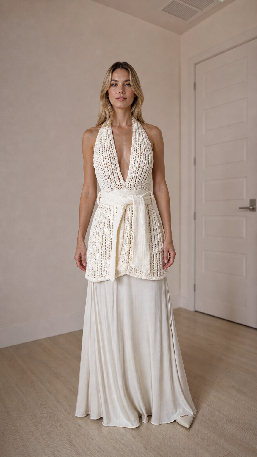 Front view of ivory open knit halter top and maxi skirt set