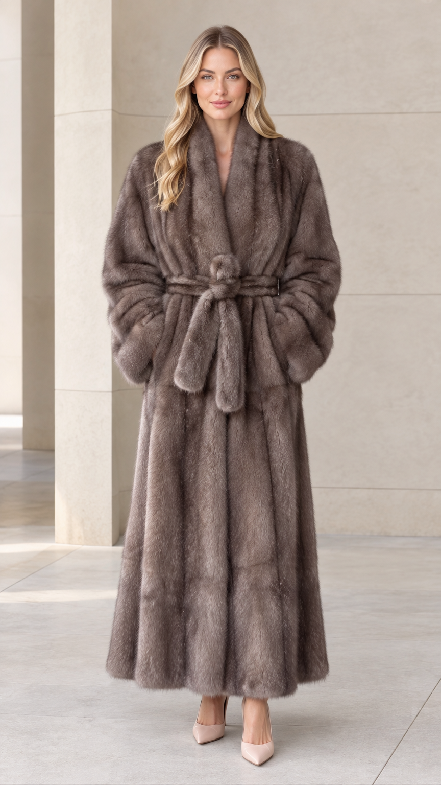 Front view of woman wearing taupe maxi faux fur wrap coat with tie belt