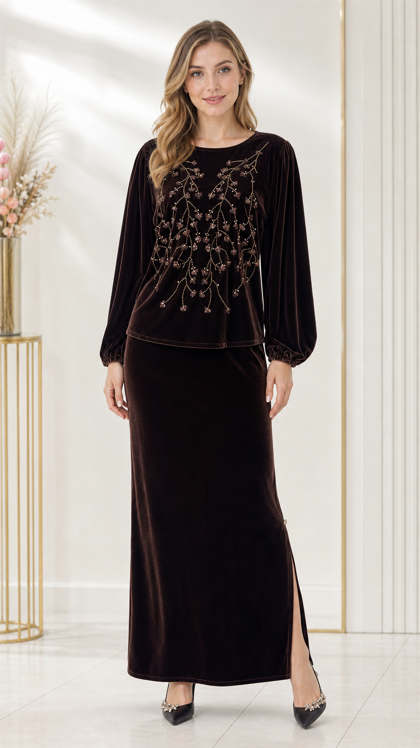 Front full-length view of woman wearing a dark brown beaded velvet two-piece maxi skirt set