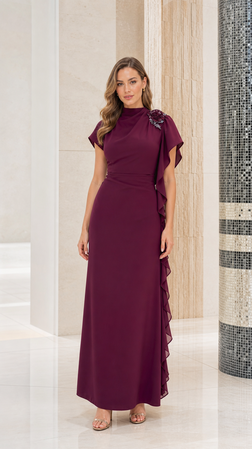 Front full-length view of woman wearing burgundy floral appliqué mock neck maxi dress with cascade ruffle