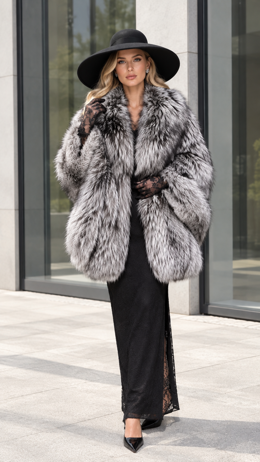 Full front view of model wearing Silver Grey plush faux fur cocoon coat with wide-brim hat and black evening gown