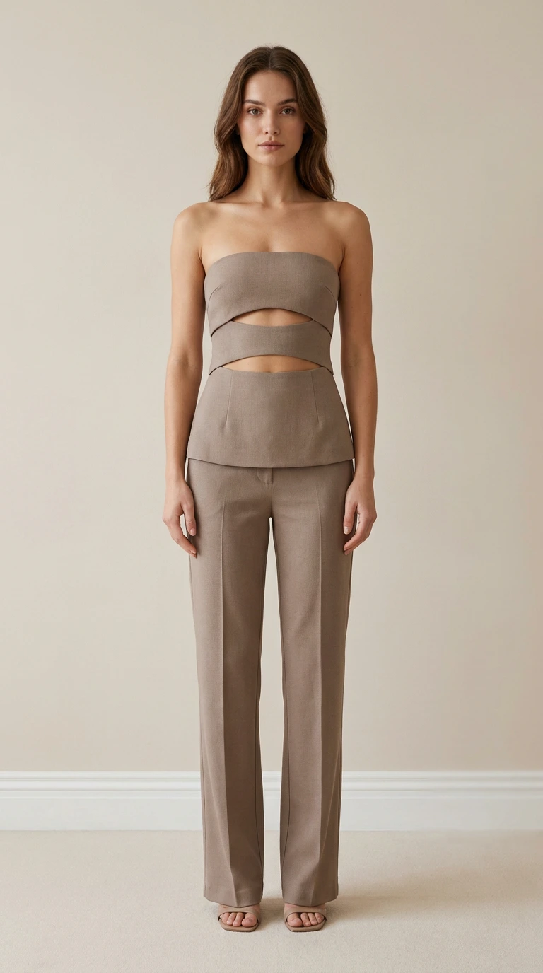 Front view of model wearing taupe strapless cut-out top and trousers set