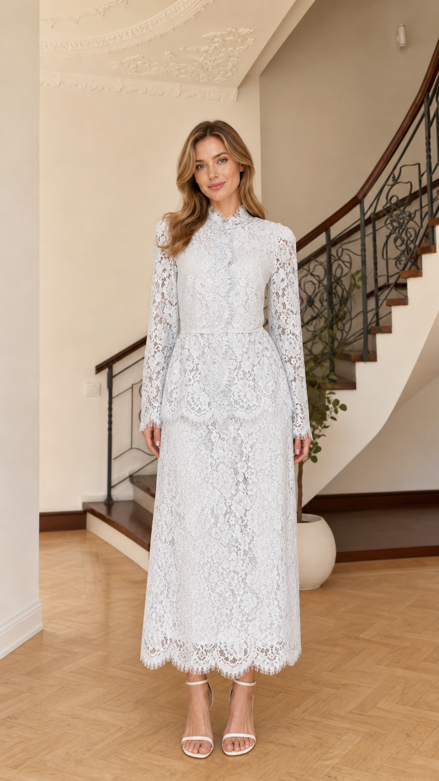 Ice blue long sleeve floral lace mock neck maxi dress front view