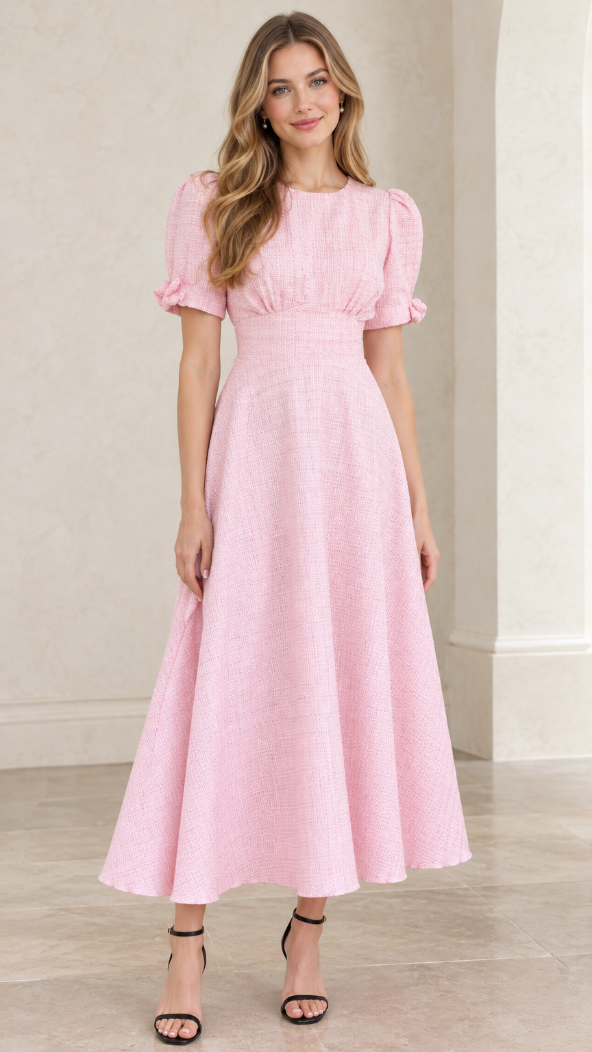 Front view of model wearing pastel pink textured tweed puff sleeve midi dress