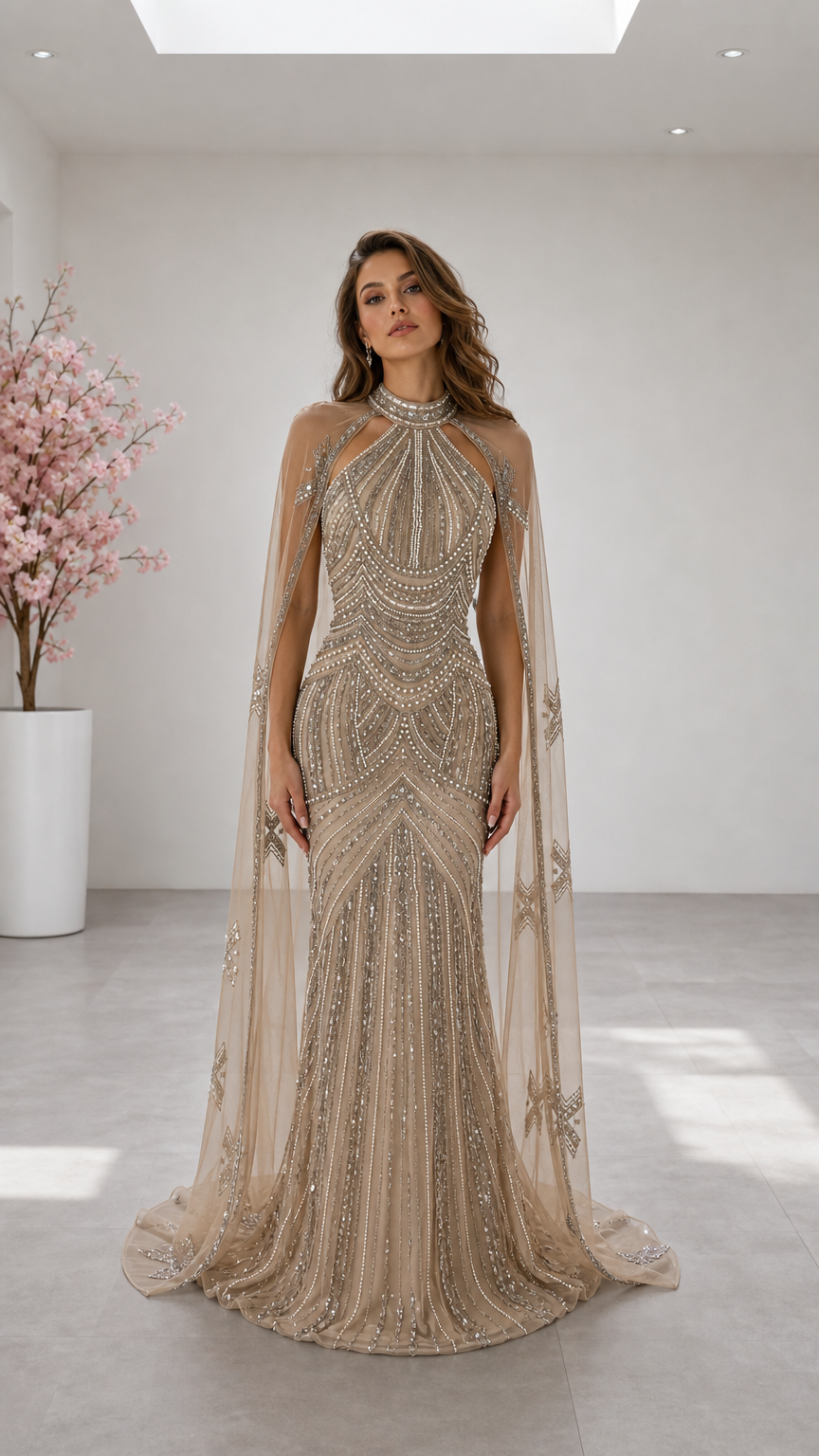 Champagne sequined halter neck mermaid evening gown with attached sheer cape front view