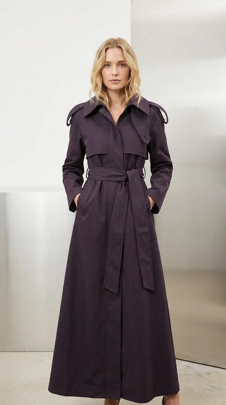 Front view of model wearing full-length deep purple belted maxi trench coat