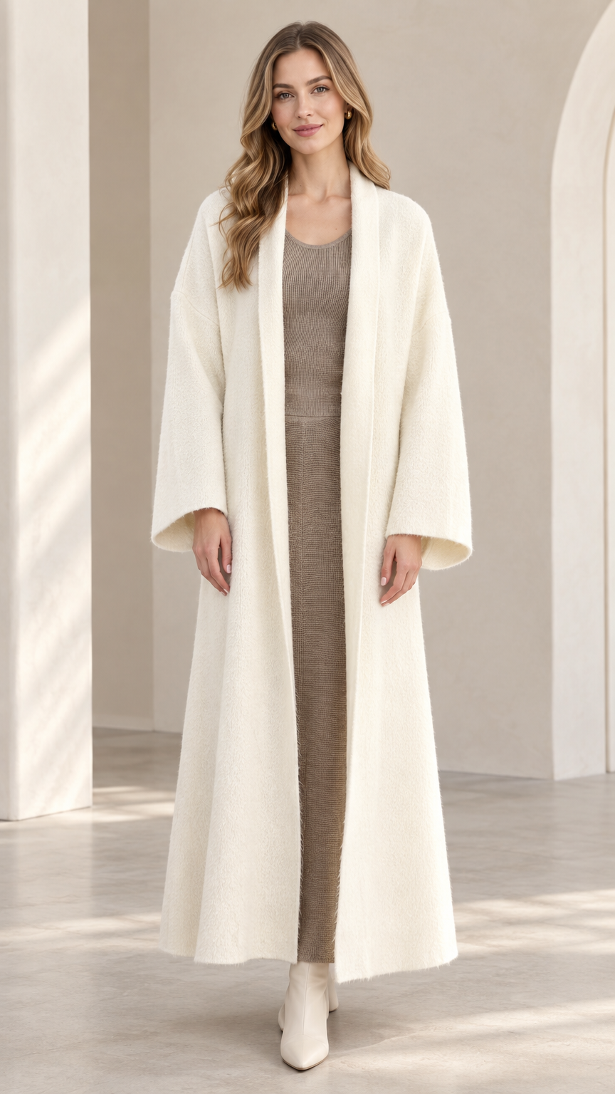 Front view of model wearing off-white maxi open-front duster coat with beige dress and boots