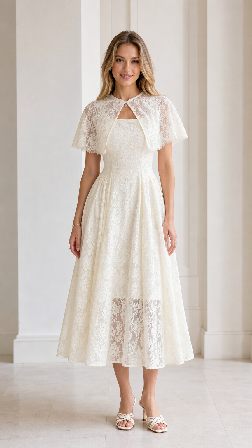 Model wearing Ivory Floral Lace Capelet Midi Dress front view