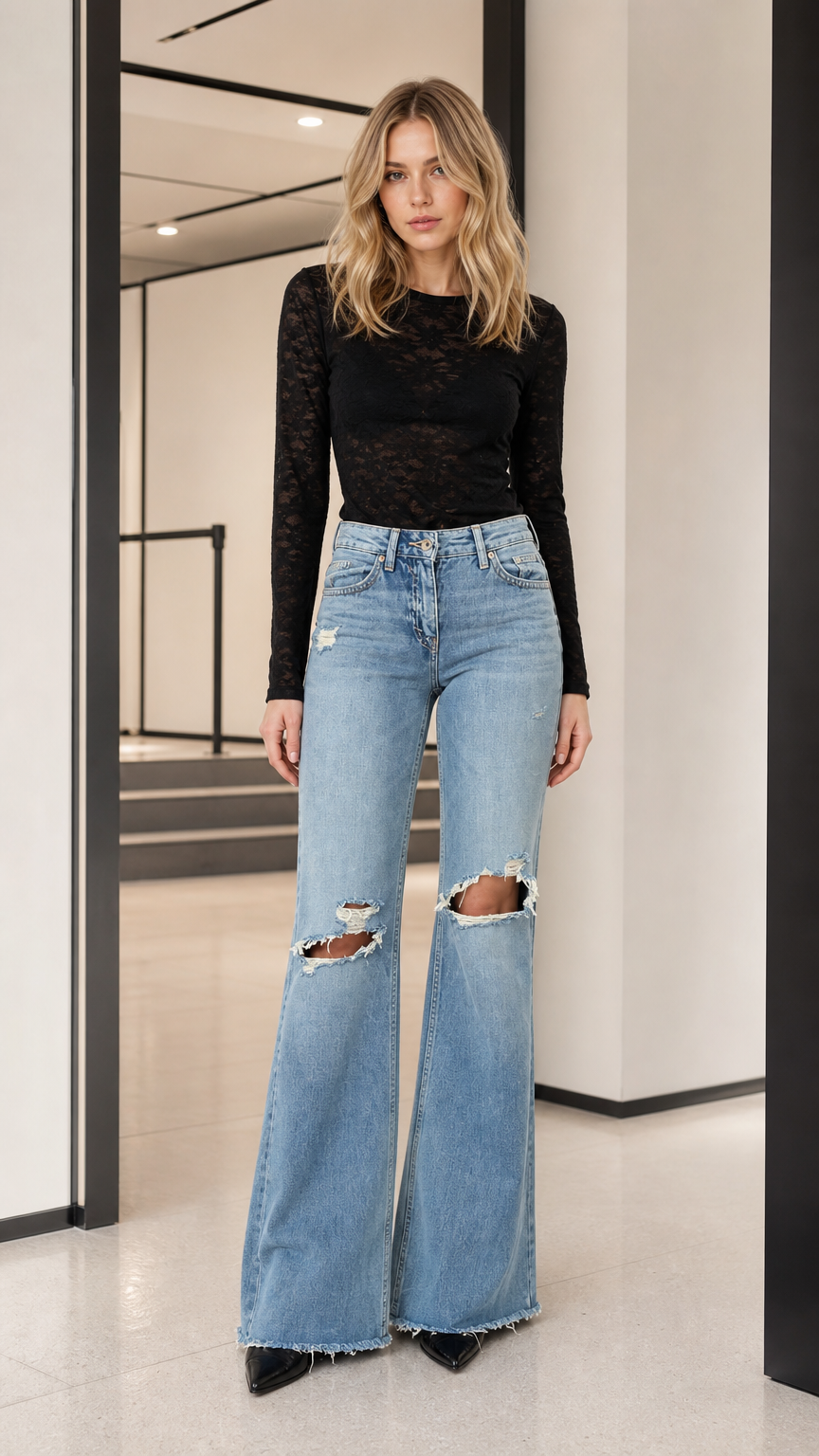 Model wearing black long-sleeve sheer lace top with light wash flare jeans, front view