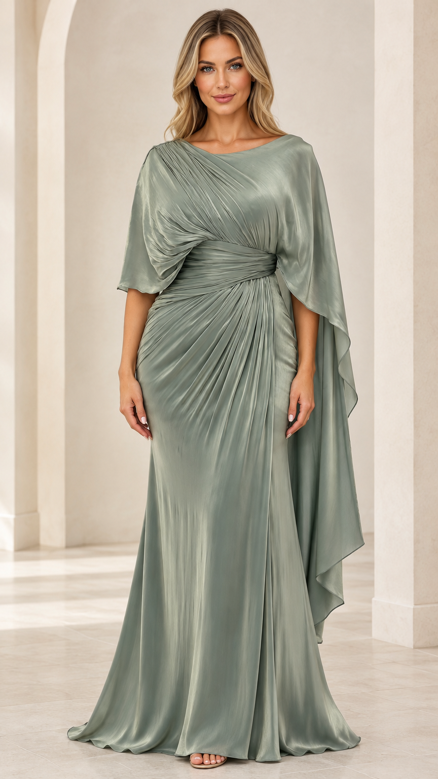 Sage Green pleated cape sleeve evening gown front view