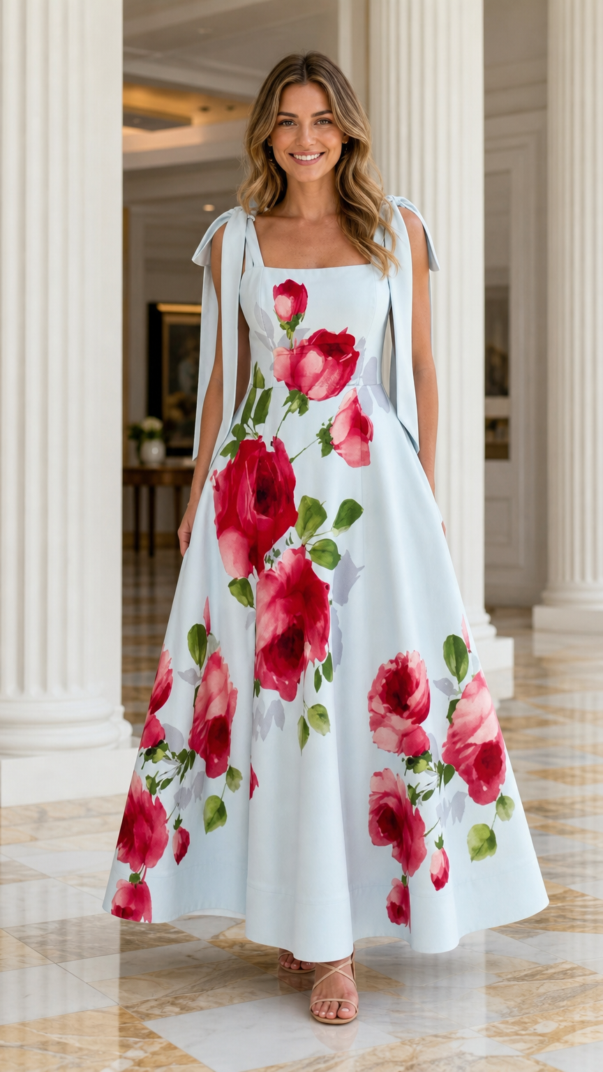 Front view of light blue floral tie-strap maxi dress on model
