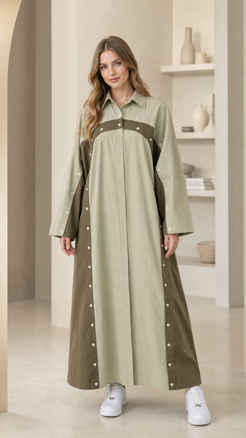 Front view of Sage Green colorblock button accent maxi shirt dress